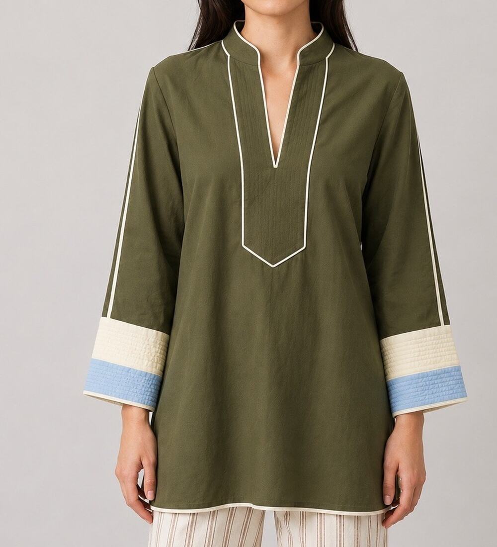 Tory Burch Cotton Voile Tunic Large Olive Green Colorblock Quilted Cuff Top